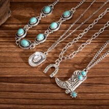 Hippie 4pcs Turquoise Boot Cowboy Hat Lucky Horseshoe Pendant Necklace Set - ArtGalleryZen