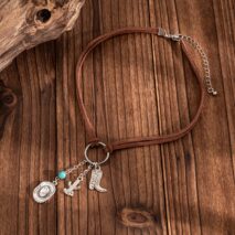 Hippie Cactus Cowboy Hat Boots Pendant Velvet Necklace - ArtGalleryZen