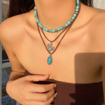 Hippie Cactus Oval Pendant Turquoise Chain Velvet Necklace Set - ArtGalleryZen