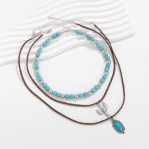 Hippie Cactus Oval Pendant Turquoise Chain Velvet Necklace Set - ArtGalleryZen