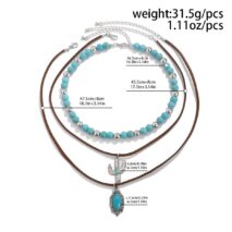 Hippie Cactus Oval Pendant Turquoise Chain Velvet Necklace Set - ArtGalleryZen