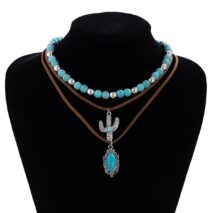 Hippie Cactus Oval Pendant Turquoise Chain Velvet Necklace Set - ArtGalleryZen