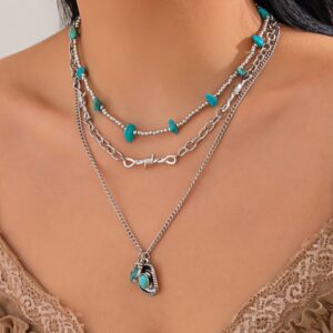 Hippie Layered Cactus Cowboy Hat Pendant Turquoise Necklace Set - ArtGalleryZen
