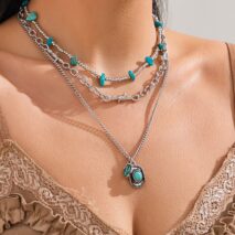 Hippie Layered Cactus Cowboy Hat Pendant Turquoise Necklace Set - ArtGalleryZen