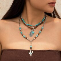 Hippie Layered Cactus Waterdrop Pendant Turquoise Wood Bead Velvet Necklace Set - ArtGalleryZen
