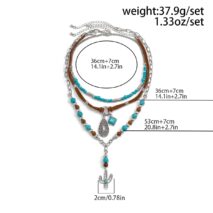 Hippie Layered Cactus Waterdrop Pendant Turquoise Wood Bead Velvet Necklace Set - ArtGalleryZen