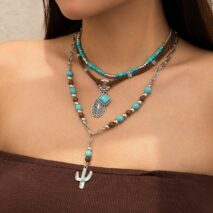 Hippie Layered Cactus Waterdrop Pendant Turquoise Wood Bead Velvet Necklace Set - ArtGalleryZen