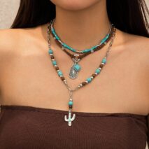 Hippie Layered Cactus Waterdrop Pendant Turquoise Wood Bead Velvet Necklace Set - ArtGalleryZen