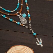 Hippie Layered Cactus Waterdrop Pendant Turquoise Wood Bead Velvet Necklace Set - ArtGalleryZen