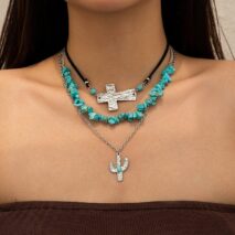 Hippie Layered Turquoise Cactus Pendant Cross Velvet Necklace Set - ArtGalleryZen