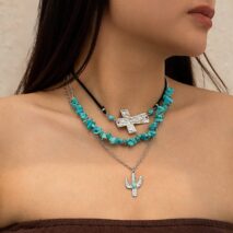 Hippie Layered Turquoise Cactus Pendant Cross Velvet Necklace Set - ArtGalleryZen
