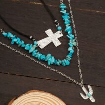 Hippie Layered Turquoise Cactus Pendant Cross Velvet Necklace Set - ArtGalleryZen