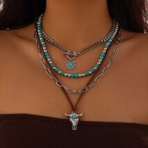 Hippie Toggle Clasp Bull Flower Pendant Turquoise Chain Velvet Necklace Set - ArtGalleryZen