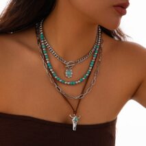 Hippie Toggle Clasp Bull Flower Pendant Turquoise Chain Velvet Necklace Set - ArtGalleryZen