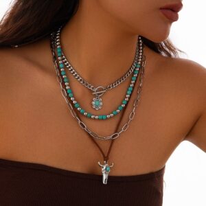 Hippie Toggle Clasp Bull Flower Pendant Turquoise Chain Velvet Necklace Set - ArtGalleryZen