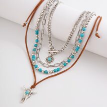 Hippie Toggle Clasp Bull Flower Pendant Turquoise Chain Velvet Necklace Set - ArtGalleryZen
