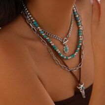 Hippie Toggle Clasp Bull Flower Pendant Turquoise Chain Velvet Necklace Set - ArtGalleryZen