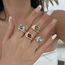 Irregular 4Pcs Gold Silver Plated Crystal Inlaid Open Ring Set - ArtGalleryZen