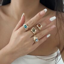 Irregular 4Pcs Gold Silver Plated Crystal Inlaid Open Ring Set - ArtGalleryZen
