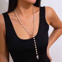 Irregular Cross Pearl Pendant Long Chain Y Necklace - ArtGalleryZen