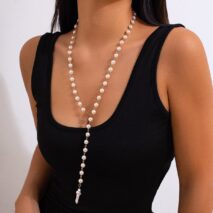Irregular Cross Pearl Pendant Long Chain Y Necklace - ArtGalleryZen