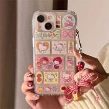 Kawaii Handmade Hello Kitty Sticker iPhone Case With Phone Chain - ArtGalleryZen