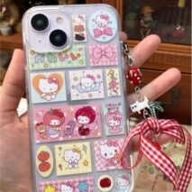 Kawaii Handmade Hello Kitty Sticker iPhone Case With Phone Chain - ArtGalleryZen