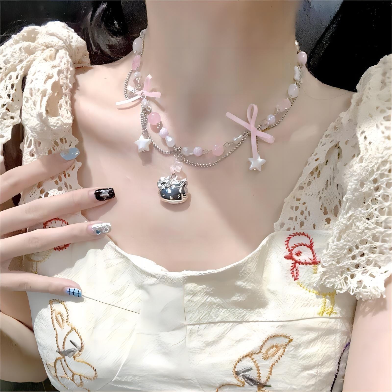 Kawaii Layered Star Tassel Hello Kitty Ball Chain Necklace - ArtGalleryZen