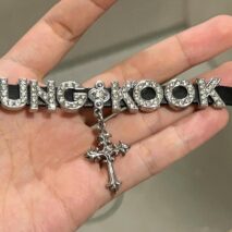 Kpop BTS Rhinestone Inlaid Letter PU Leather Collar Choker Necklace Bracelet - ArtGalleryZen