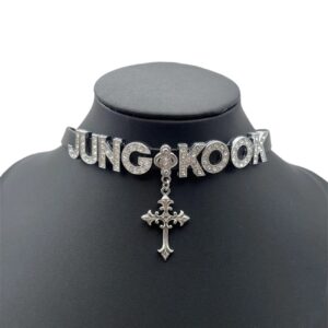 Kpop BTS Rhinestone Inlaid Letter PU Leather Collar Choker Necklace Bracelet - ArtGalleryZen