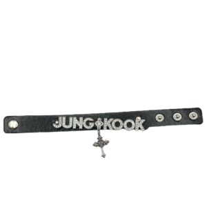 Kpop BTS Rhinestone Inlaid Letter PU Leather Collar Choker Necklace Bracelet - ArtGalleryZen
