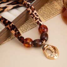 Lava Pendant Wooden Beads Leopard Print Velvet Necklace Boho - ArtGalleryZen