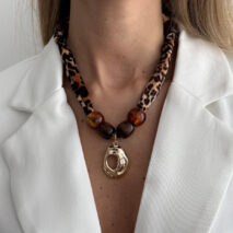 Lava Pendant Wooden Beads Leopard Print Velvet Necklace Boho - ArtGalleryZen