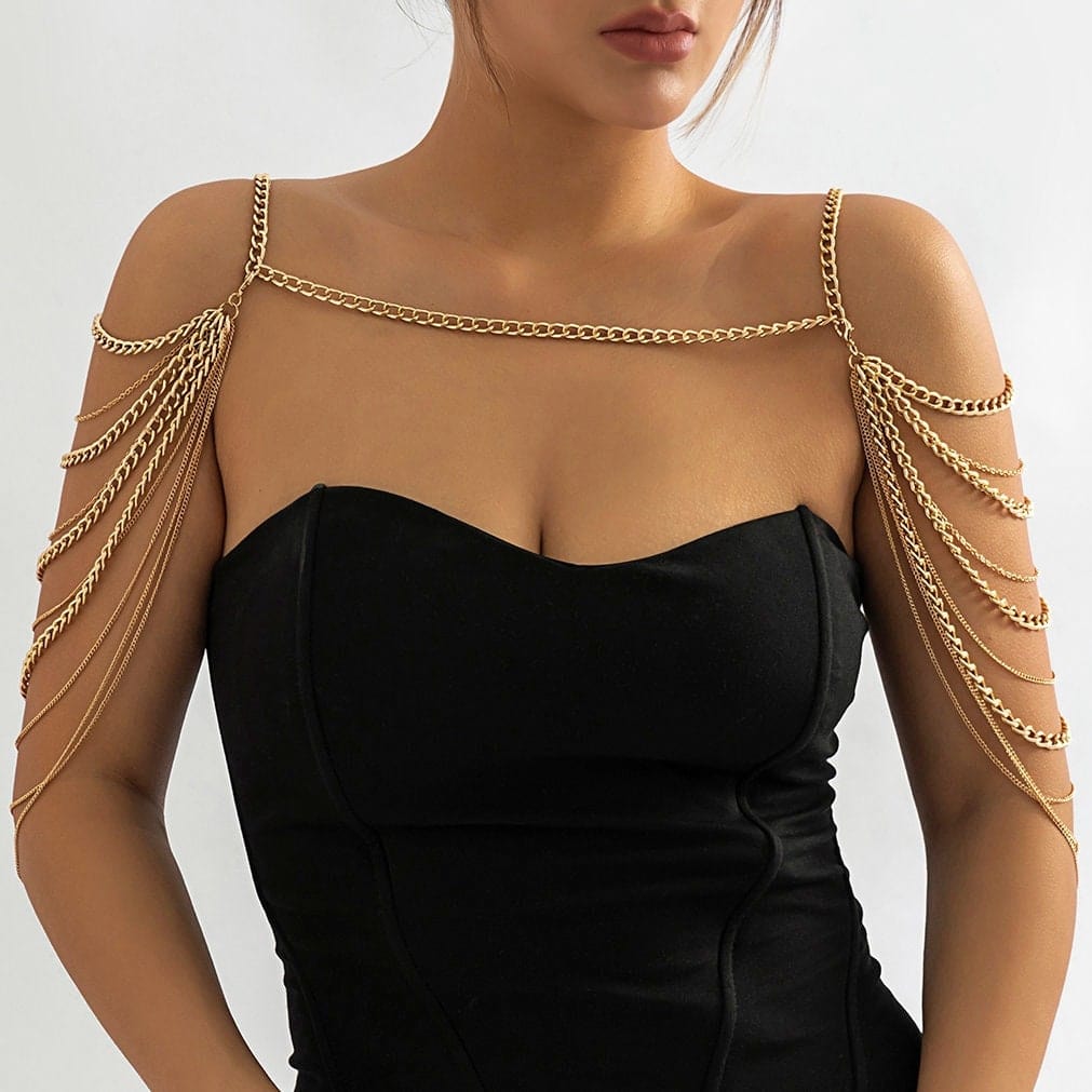 Layered Gold Silver Tone Curb Link Chain Tassel Shoulder Necklace - ArtGalleryZen