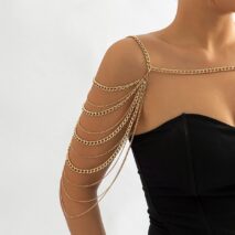 Layered Gold Silver Tone Curb Link Chain Tassel Shoulder Necklace - ArtGalleryZen