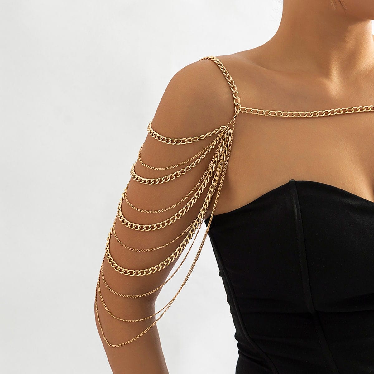 Layered Gold Silver Tone Curb Link Chain Tassel Shoulder Necklace - ArtGalleryZen