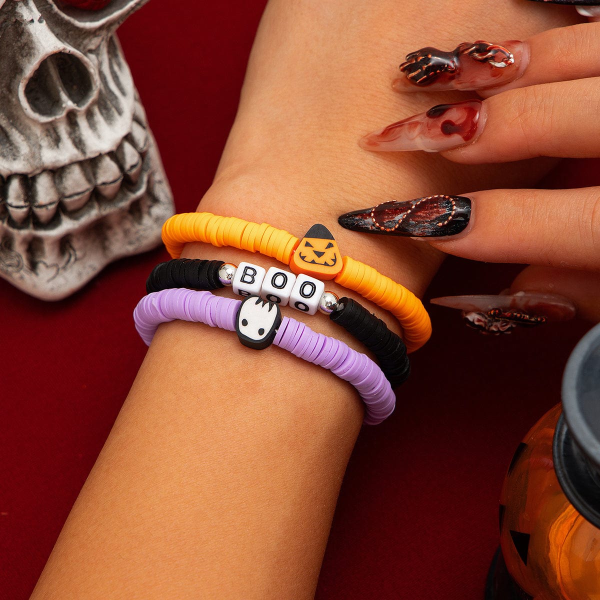 Layered Halloween Pumpkin Ghost Charm Polymer Clay Letter Bracelet Set - ArtGalleryZen