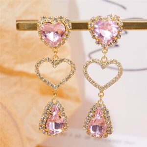 LUX Pink Rhinestone Heart Dangle Earrings - ArtGalleryZen