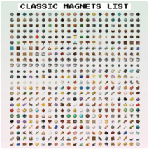 List of classic magnets with various designs on a white background