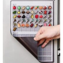 Hand holding a silicone mold with pixelated food and tool designs on a white background