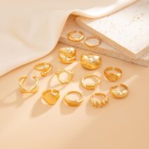 Minimalist 13pcs Gold Silver Tone Chunky Waterdrop Hollow Ring Set - ArtGalleryZen
