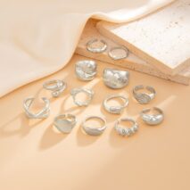 Minimalist 13pcs Gold Silver Tone Chunky Waterdrop Hollow Ring Set - ArtGalleryZen