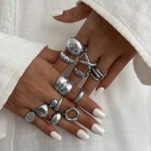 Minimalist 13pcs Gold Silver Tone Chunky Waterdrop Hollow Ring Set - ArtGalleryZen