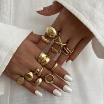 Minimalist 13pcs Gold Silver Tone Chunky Waterdrop Hollow Ring Set - ArtGalleryZen