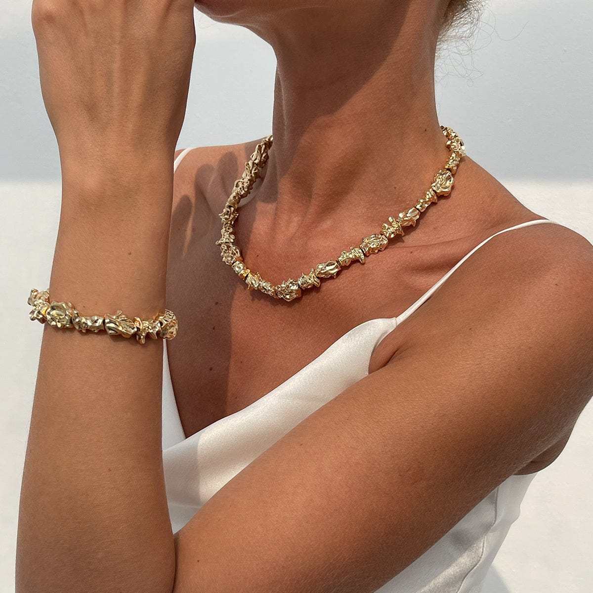 Minimalist Irregular Gold Silver Tone Lava Necklace Bracelet - ArtGalleryZen