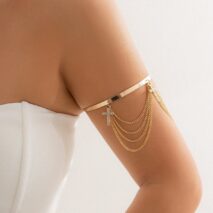 Minimalist Layered CZ Inlaid Cross Chain Tassel Arm Cuff - ArtGalleryZen