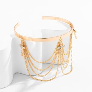 Minimalist Layered CZ Inlaid Cross Chain Tassel Arm Cuff - ArtGalleryZen