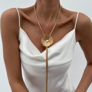 Minimalist Pearl Flower Charm Long Tassel Chain Y Necklace - ArtGalleryZen