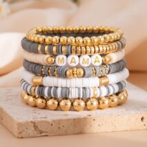 Mother's Day Theme 7pcs Heart Letter Polymer Clay Beaded Bracelet Set - ArtGalleryZen