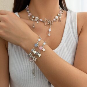 Newly 2 Pcs Heart Star Tassel Crystal Pearl Chain Bracelet Set - ArtGalleryZen